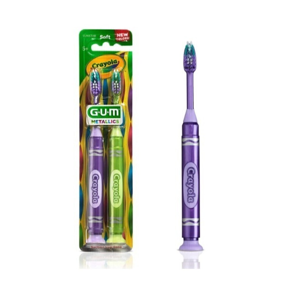 GUM Metallics Crayola Soft Toothbrush 2 pk Purple Green Suction Cup Base Age 5+